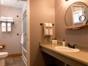 a bathroom with a sink and a mirror and a toilet at LOGE Mt. Shasta in Mount Shasta