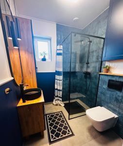 a bathroom with a shower and a toilet and a sink at Bliżej Lasu in Śliwice