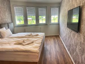 1 dormitorio con 1 cama y TV de pantalla plana en Vila Urbana Luxury Apartments en Lesce