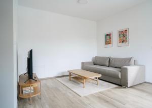 The Dante Villa Apartments في براغ: غرفة معيشة مع أريكة وطاولة