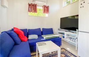 een woonkamer met een blauwe bank en een tv bij Beautiful Home In Grimeton With Wifi in Grimeton
