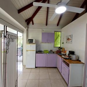 a kitchen with purple cabinets and a white refrigerator at Logisrev in Sainte-Anne