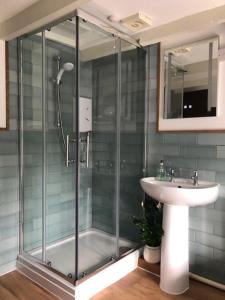 a bathroom with a shower and a sink at Blisland Cottage in Blisland