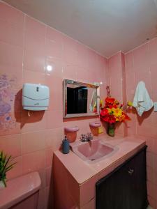 a pink bathroom with a sink and a mirror at Yosu Hostal in Ríohacha