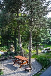 einen hölzernen Picknicktisch neben einem Baum in der Unterkunft Pokoje gościnne „SEN” in Iława
