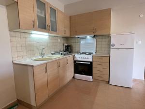 a kitchen with wooden cabinets and a white refrigerator at Ammouliani Apartments in Ammouliani