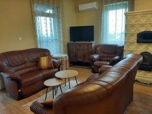 sala de estar con muebles de cuero y TV de pantalla plana en Villa Hegyalja en Balatonkenese