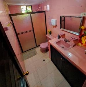 une salle de bains rose avec lavabo et toilettes. dans l'établissement Yosu Hostal, à Ríohacha