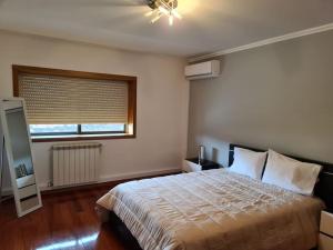 a bedroom with a bed with a ceiling fan and a window at Arcos de Valdevez, Recanto da Prova - PNPG in Arcos de Valdevez