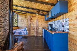 a kitchen with blue cabinets and a stove at Tiny House Jaulares in Rivas