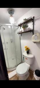 a bathroom with a shower and a white toilet at Cabaña Cielo y Luna in Planes de Renderos