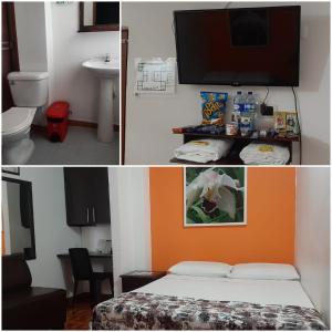 two pictures of a room with a bed and a tv at Hotel Confortel in Armenia