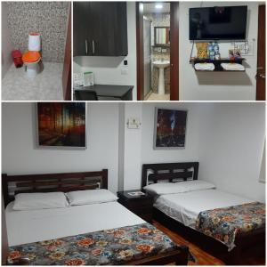 two pictures of a hotel room with two beds at Hotel Confortel in Armenia