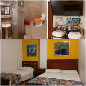 three pictures of a bedroom with two beds and a bathroom at Hotel Confortel in Armenia