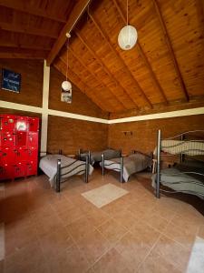 Cette chambre comprend 3 lits superposés et un plafond en bois. dans l'établissement Hostel Bahía Ballenas, à Puerto Pirámides