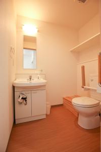 uma casa de banho com um WC, um lavatório e um espelho. em Connect Inn em Osaka