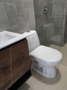 La salle de bains est pourvue de toilettes blanches et d'un lavabo. dans l'établissement Apartamento Zipa 301, à Paipa