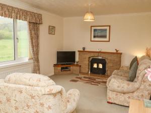 a living room with two chairs and a fireplace at New Cottage in Wooler