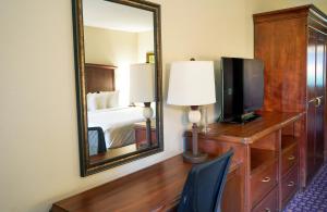 a hotel room with a mirror and a desk with a television at Rosen Inn Lake Buena Vista in Orlando