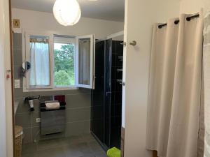 a bathroom with a shower and a window at Jolie maison Borgo trois chambres trois salles de bain in Borgo