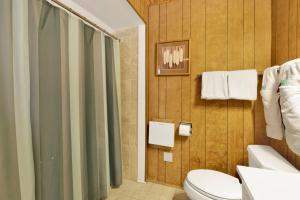 a bathroom with a toilet and a shower at Pinglewood Cabin- Furnished Fawnskin Group Retreat in Fawnskin +16 photos