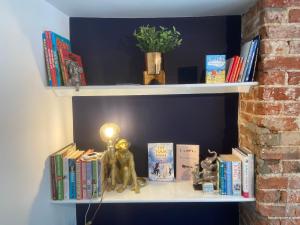 uma estante de livros com livros e brinquedos em Woodbridge - Cosy little 2-Bed Cottage em Woodbridge