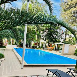 una gran piscina azul con palmeras alrededor en Hotel Albatros, en Ureki