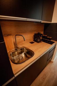 a kitchen counter with a stainless steel sink at Sétány Kuckó Apartman in Csopak