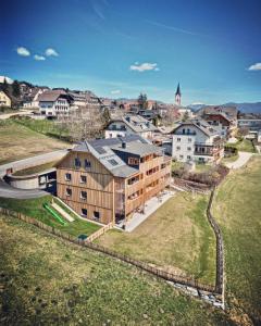 an aerial view of a town with a building at Haus Weigt in Mariapfarr