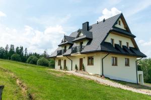 a house with a black roof on a green field at Łosiowe Wzgórze in Leśnica