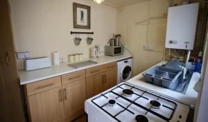 een keuken met een fornuis en een fornuis top oven bij Albemarle House in Taunton