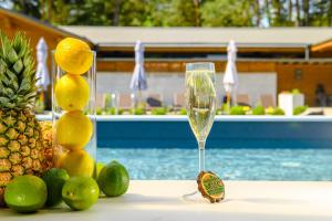 - un verre de champagne sur une table à côté de la piscine dans l'établissement Мис Доброї Надії Полтава, à Hlody