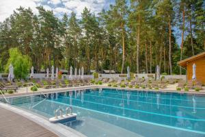 a large swimming pool with chairs and trees at Мис Доброї Надії Полтава in Hlody