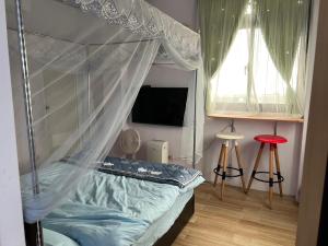 莒光鄉的住宿－台北人民宿，一间卧室配有一张带天蓬和窗户的床