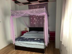 莒光鄉的住宿－台北人民宿，一间卧室配有一张带粉红色窗帘的天蓬床