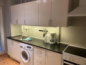uma cozinha com uma máquina de lavar roupa e um lavatório em Christianshavn Apartments 536 em Copenhaga