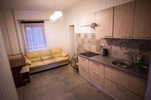 a kitchen with a couch and a sink and a window at Świerczkówka in Krynica Zdrój