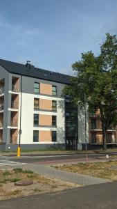 a building on a street with a tree in front of it at Katerina - Mona Luxury Apartments in Lębork