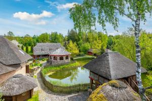 - une vue aérienne sur un village avec un étang dans l'établissement Meškių dvarkiemis, à Bubiai