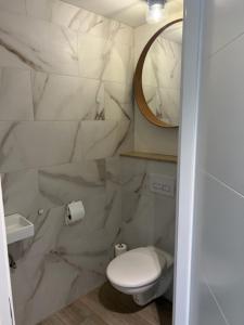 uma casa de banho branca com um WC e um espelho. em Villa Lombok em Eext