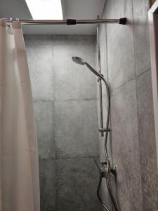 BarsbekにあるFerienwohnung zwischen Laboe und Schönbergのガラスドア付きの浴室のシャワー