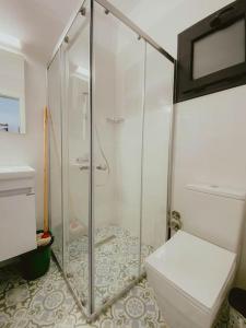 y baño con ducha de cristal y aseo. en Spacious studio en Perivolia tou Trikomou