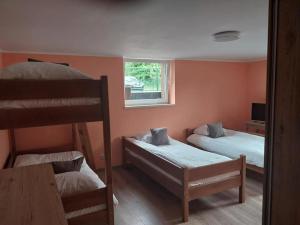 1 Schlafzimmer mit 2 Etagenbetten und einem Fenster in der Unterkunft DoTleń Villa in Tleń