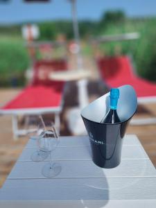 una bottiglia di vino in un secchio accanto a un bicchiere di Cottage Beach Vico a Caprarola