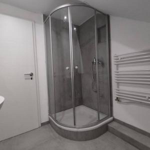 La salle de bains est pourvue d'une douche et d'une cabine de verre. dans l'établissement Monteur-/Ferienwohnung Baden Baden Rastatt Elsass, à Hügelsheim