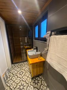 y baño con lavabo y ducha. en Deva Garden Tiny House, en Yukarı Kocaali