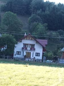 une maison blanche avec une pancarte à côté d'un champ dans l'établissement Casa Rares Toc, à Vidra