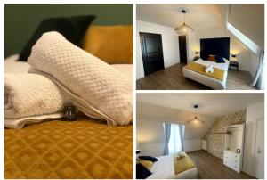 three different pictures of a bedroom with a bed and a room at Les clés Bélinéenes in Bligny-lès-Beaune