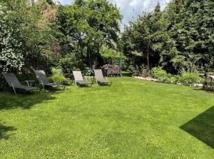 un groupe de chaises assises sur une pelouse dans l'établissement Ferienwohnung Sommerwiese, à Lübbenau