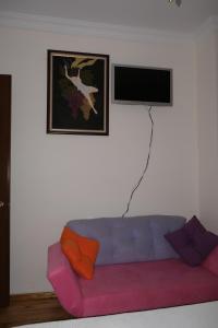 a living room with a purple couch and a flat screen tv at Uzum Hotel in Bozcaada